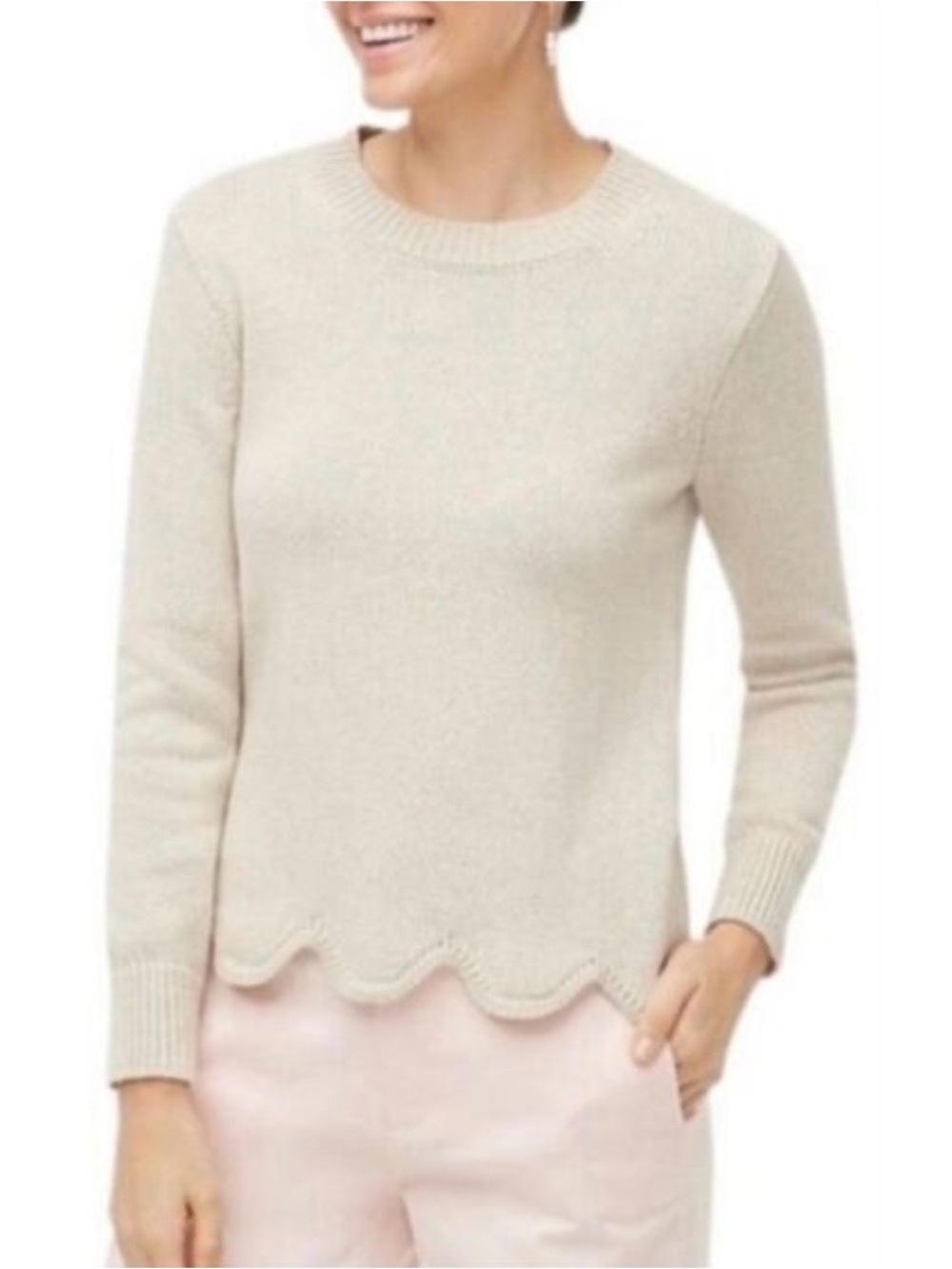 J. Crew Women’s Pale Peach 100% Cotton Scallop-Hem Crewneck Sweater Size XS